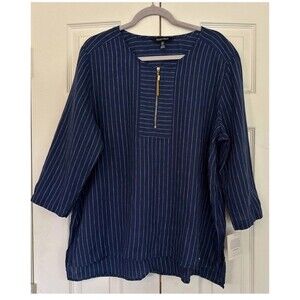 Ellen Tracy Top Women's XL Linen Blue Striped  3/4 Sleeve Quarter Zip NWT